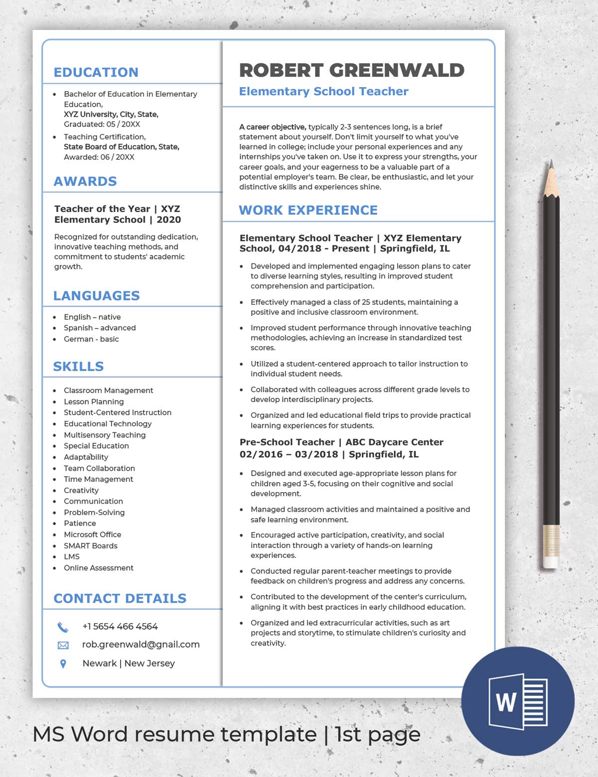 MS Word Elementary School Teacher Resume Template to edit